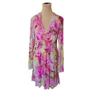 BCBGMAXAZRIA Pink Yellow Floral Splash Pattern Mesh Long Sleeve Mini Dress Sz M